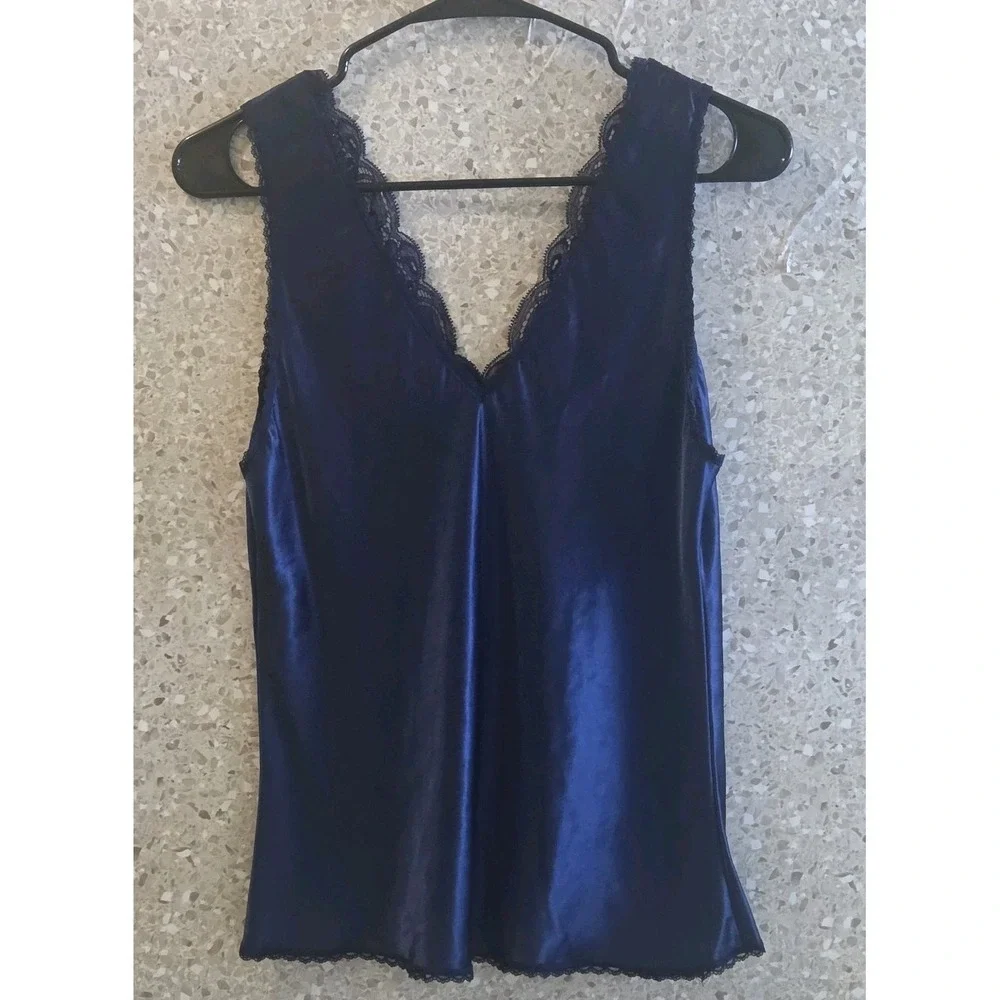 Natori‎ Blue Satin Lace Trim Sleep Cami Top Womens Small S Silky Lingerie